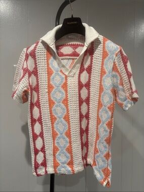 ZARA Cream Short-Sleeve Knit Polo with Pink, Orange & Light Blue Stripes
